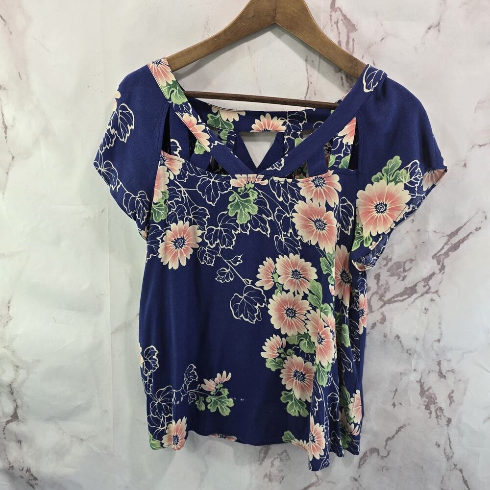Anthropologie Shirt Womens XS 2 Navy Blue Pink Blouse Floral Maeve Cut Out